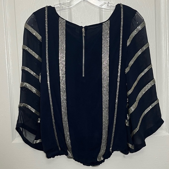 ALICE + OLIVIA Navy Silk 3/4 Sheer Sleeve Silver Beaded Blouse | size Small. - Picture 10 of 10